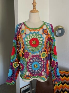 Vintage MY Boho Hippie Festival Multicolor Hand Knitted Crochet Beaded Sweater
